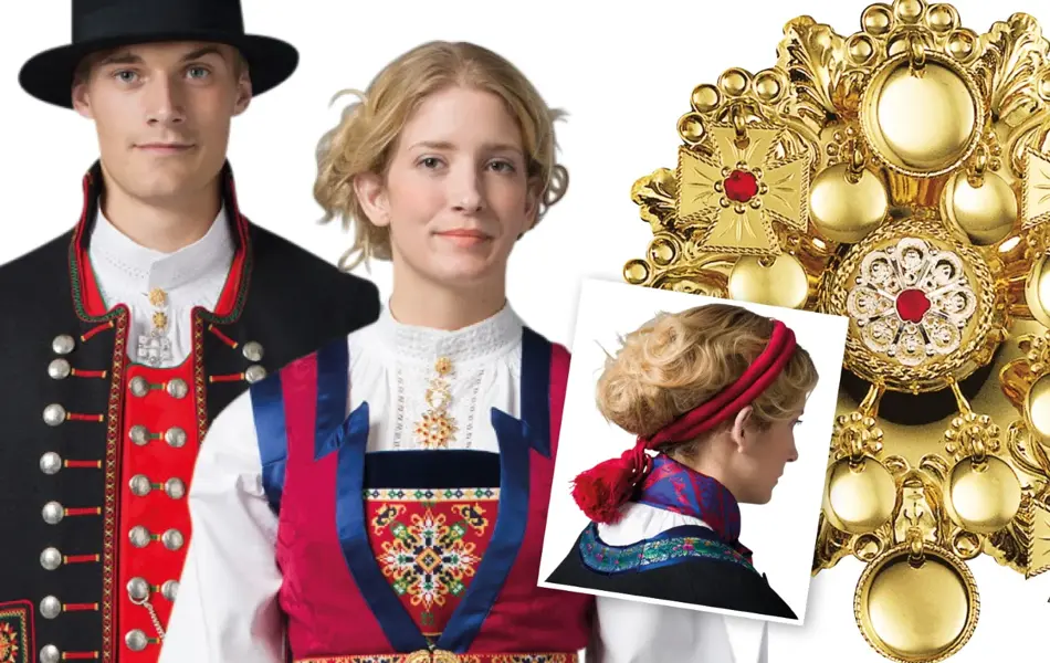 Samlebilde med dame og mann i Fanabilde, hårbånd på dame og sølje