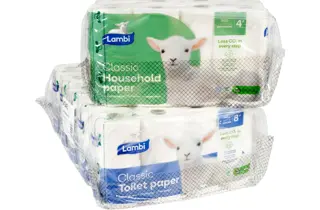 Pakker med Lambi toalettpapir og tørkepapir.