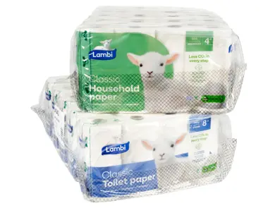 Pakker med Lambi toalettpapir og tørkepapir.