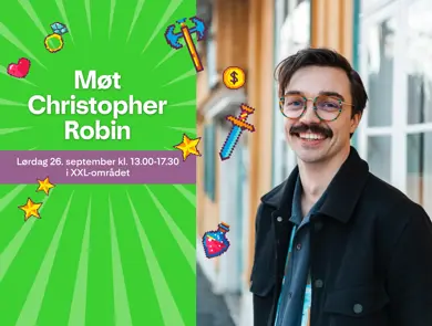 Bilde av Christopher Robin Omland med tekst "Møt Christopher Robin"