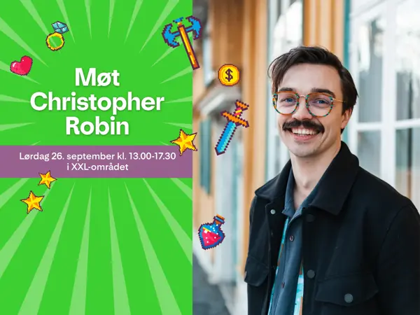 Bilde av Christopher Robin Omland med tekst "Møt Christopher Robin"