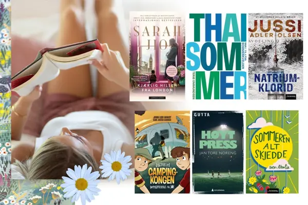 Dame som leser bok og kollasj av seks bøker