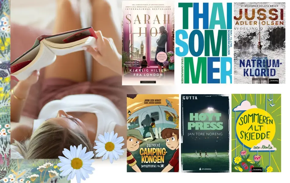 Dame som leser bok og kollasj av seks bøker