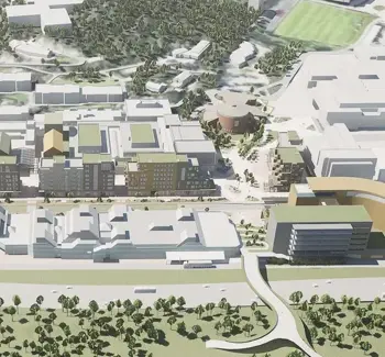 3D-illustrasjon av Åsane utenfor Bergen, fugleperspektiv, bygninger i hvitt og grønntoner.