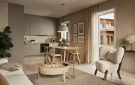 3D illustrasjon av  stue interiør i en leilighet i Heggedal Hage.