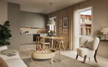 Illustrasjon fra stue og kjøkken i leilighet D303 i Heggedal Hage med stilpakke 1: Standard krem