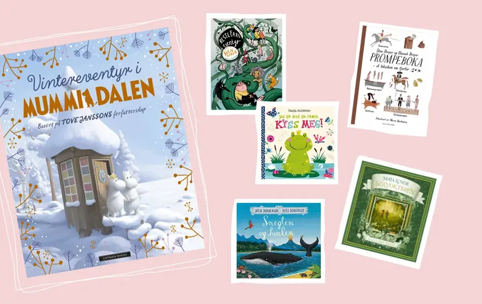 Produktbilde av bøkene: Vintereventyret i Mummidalen, Bestefars Eventyr, Jeg er ikke en frosk Kyss meg, Snegler og hvalen, Prompeboka og Solvokteren