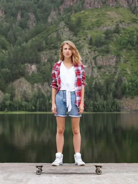 Jente med rød flanellskjorte og olashorts står på skateboard på brygge 