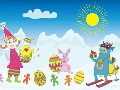 Illustrasjon av Amfelia og Oskar på påskefjellet sammen med påskekylling, påskeegg og seigmenn