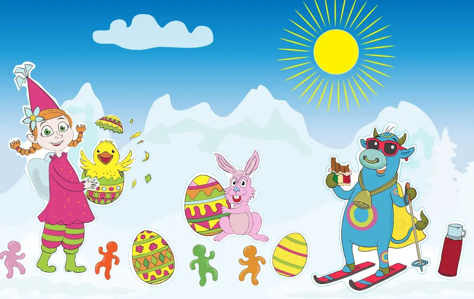 Illustrasjon av Amfelia og Oskar på påskefjellet sammen med påskekylling, påskeegg og seigmenn