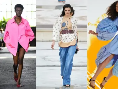 3 forskjellige damer - en i rosa kort kjole med mørkt kort hår, en dame med mørkt lagt hår, luse jeans og en tynn strikkegenser i livet med belte og en dame mes tprt krusete mørkt hår i en stor lyseblå kjole