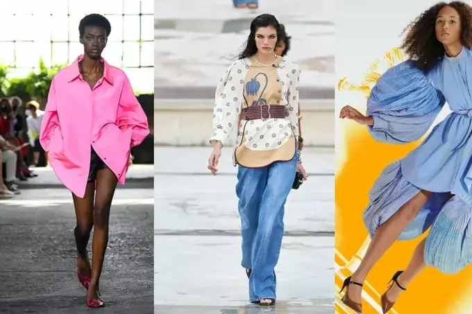 3 forskjellige damer - en i rosa kort kjole med mørkt kort hår, en dame med mørkt lagt hår, luse jeans og en tynn strikkegenser i livet med belte og en dame mes tprt krusete mørkt hår i en stor lyseblå kjole