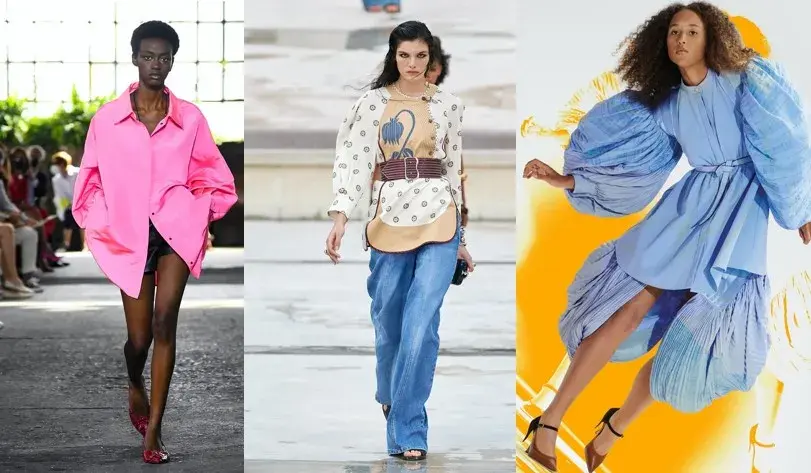 3 forskjellige damer - en i rosa kort kjole med mørkt kort hår, en dame med mørkt lagt hår, luse jeans og en tynn strikkegenser i livet med belte og en dame mes tprt krusete mørkt hår i en stor lyseblå kjole